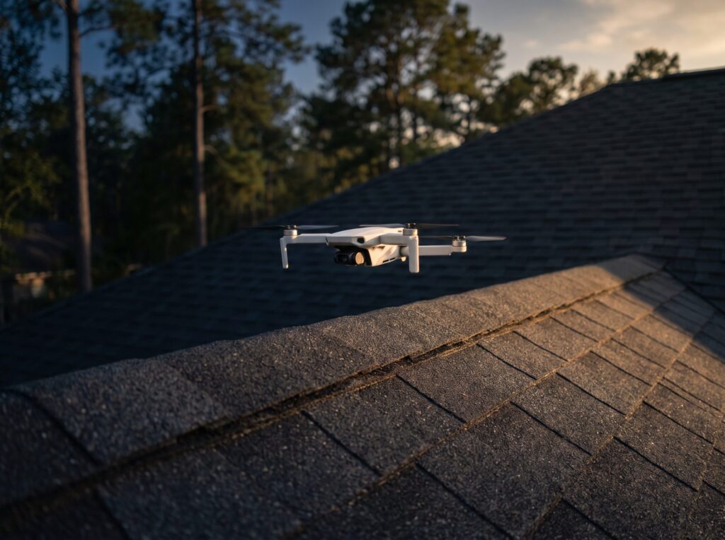 Drone performing a roof inspection in the Charlotte area