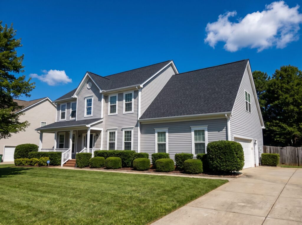 Two-story home with a new charcoal shingle roof