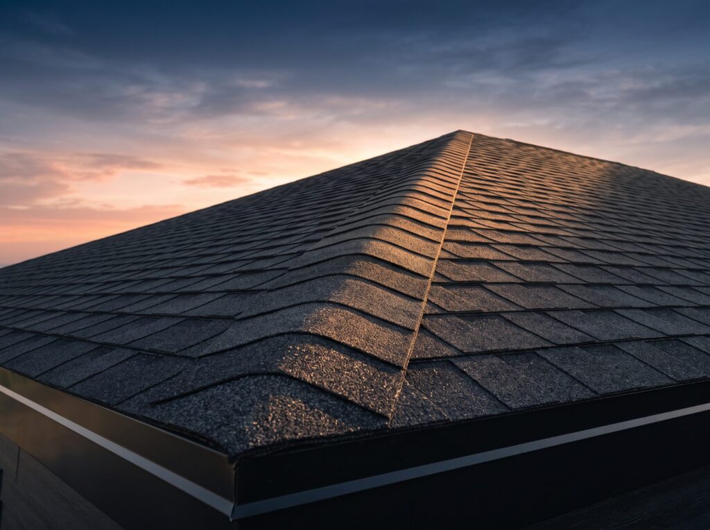 Ridge of a new architectural shingle roof at sunset