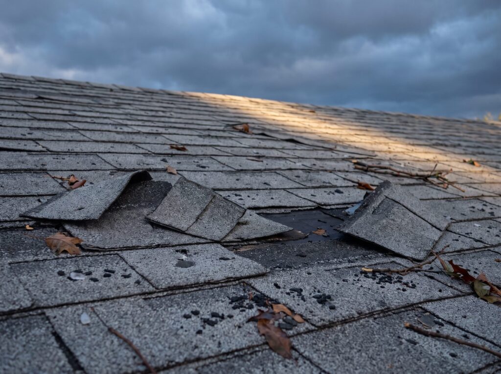 Wind-damaged asphalt shingles after a storm